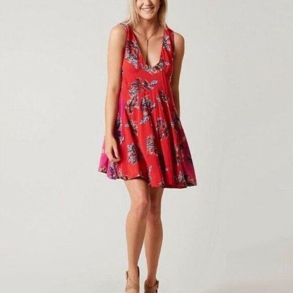 Free People Women’s Deep V Neck Low Back Red Mini Dress - Picture 1 of 5